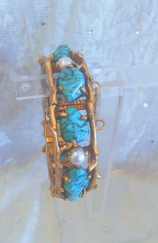 Rare Pauline Rader Clamper Gold Cuff Bracelet Faux Turquoise Cabochon Pearls1960 2