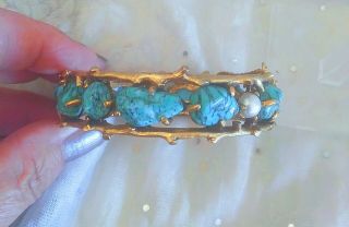Rare Pauline Rader Clamper Gold Cuff Bracelet Faux Turquoise Cabochon Pearls1960 3