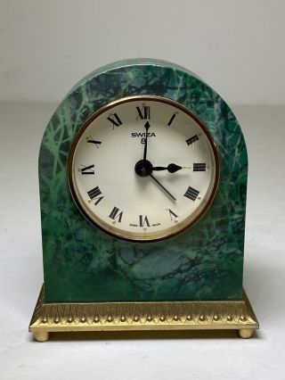 Rare Swiza Vintage Malachite 8 - Day Desk Shelf Mantel Clock Swiss Made Bronze