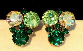 Rare Vintage 1 - 1/4 " Juliana D&e Gilt Green Glass Ab Rhinestone Clip Earrings M1