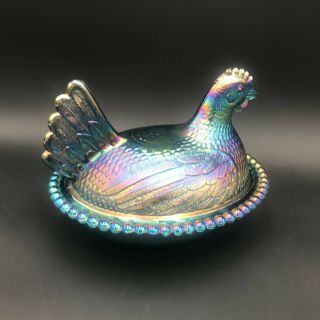Vintage Indiana Glass Rare Iridescent Carnival Blue Hen On Nest Covered Dish