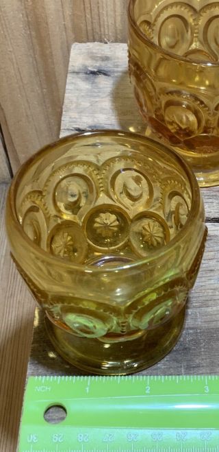 RARE Set of 4 LE Smith Moon and Stars Footed Tumblers in Amber Glass 3 1\2” 3