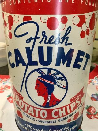 Vtg Calumet Potato Chip Tin Can Native American Logo Chgo Advertising Rare