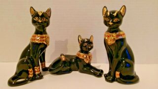 Bastet,  The Egyptian Cat By Lenox,  Rare 3 Piece Set,  Black Porcelain W/gold