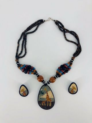 ✨rare Unique Giraffe Necklace Earring Set Handmade Safari Wooden Mom Jewelry