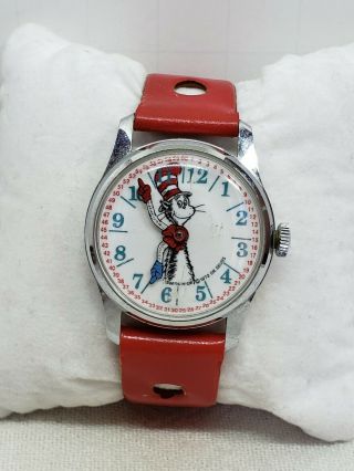 Rare Vtg 1972 Dr.  Seuss Cat In The Hat Time Teacher Watch Mechanical Runs