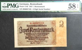 Pmg 58 Epq Aunc 1937 Germany 2 Rentenmark Bank Note Rare (1 B.  Note) D8816