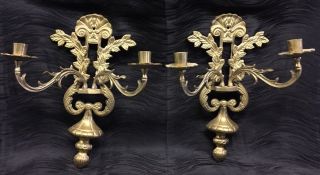 Vintage Ornate Brass Wall 2 Arm Sconce Pair Leaves Candle Holder Set Of 2 Rare