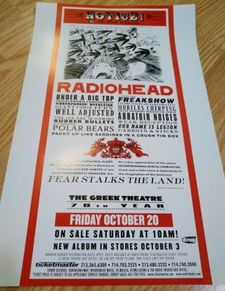 Rare Radiohead Greek Theatre Los Angeles 2000 Tour Poster Stanley Donwood Kroq