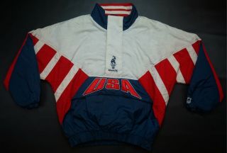 Rare Vintage Starter Atlanta 1996 Usa Spell Out Pullover Puffer Jacket 90s Sz L