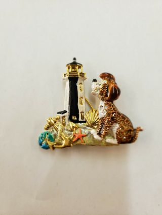RARE Kirks Folly Pete The Pup By The Sea Lighthouse Crystal Brooch Pin 2