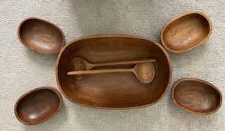 Rare Vintage Mcm Teak Wood Oval Salad Bowl Set W/ Serving Spoons 7 Piece Dolphin