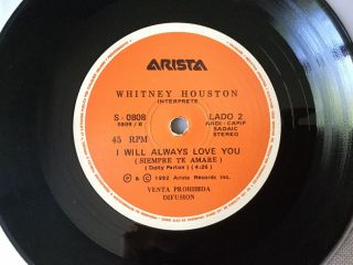 Whitney Houston " I Will Always Love You " Rare Argentinian Promo 7 " Single Vinyl