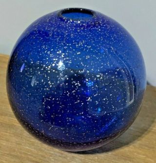 Vintage Hand Blown Cobalt Blue Art Glass Vase With Silver Flakes - Rare