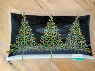Peggy Karr Glass Tannenbaum 10 " Tray Christmas Trees On Black Background Rare