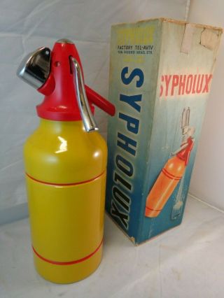 Sypholux Soda Siphon Seltzer Bottle,  Vintage Metal.  Yellow Orange Red ? Rare