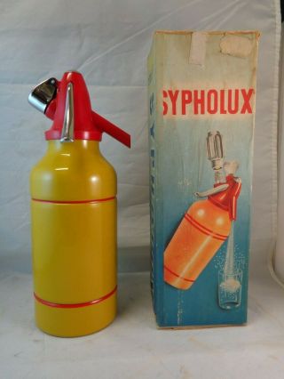 Sypholux Soda Siphon Seltzer Bottle,  Vintage Metal.  Yellow Orange Red ? Rare 2