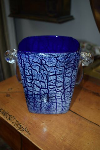 Cobalt Murano Glass Ice Bucket Hand Blown Rackle Sommerso Scroll Handles Rare