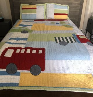 Rare 3pc Pottery Barn Kids Airplane Bus Truck Red Car,  Full/queen Quilt & Shams