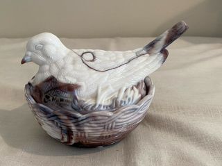 Rare Purple Slag Glass Wren Bird Hen Sitting In A Basket Nest Covered Candy Dish