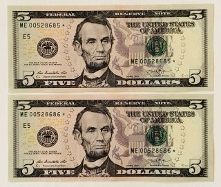 Rare Serial Number - Consecutive Star Notes - Uncirculated $5