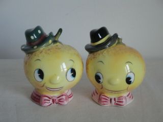 Rare Salt & Pepper Py Japan Anthropomorphic Lemon Heads With Hats & Bow Ties