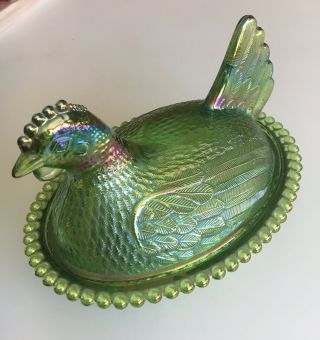 Vintage Indiana Iridescent Rare Lime Green Carnival Glass 7” Hen Chicken On Nest