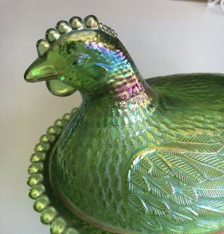 Vintage Indiana Iridescent RARE Lime Green Carnival Glass 7” Hen Chicken On Nest 2