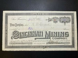 1890 Cincinnati Mining Co.  Stock Certificate Tombstone,  Arizona Rare