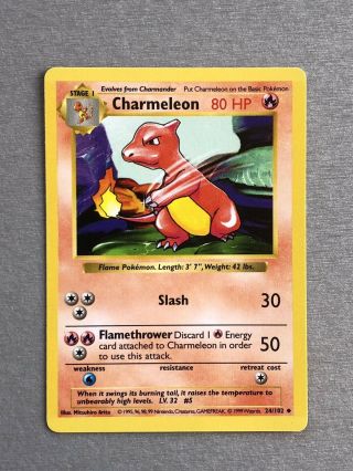 1999 Pokemon Card Charmeleon 24/102 Shadowless Base Set 1 Rare