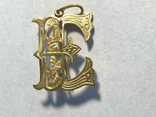 Rare 18k Gold Initial E Pin Pendant Engraved Gothic Figures