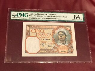 Algeria Bank D’algerie 5 Francs 1940 Pmg 64 Pick 77a Unc Rare French Era