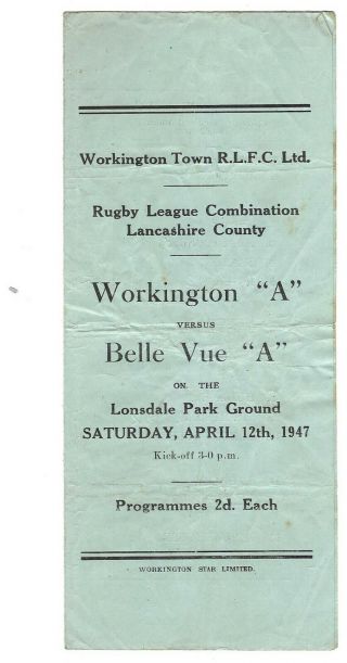 Rare Workington " A " V Belle Vue " A " 1946 - 47 On Lonsdale Park