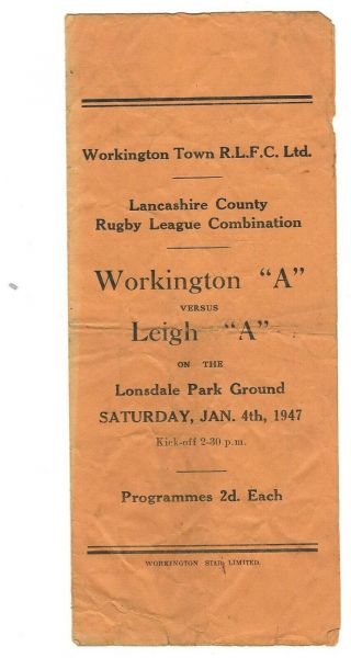 Rare Workington " A " V Leigh " A " 1946 - 47 On Lonsdale Park