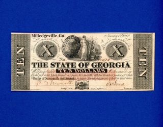 1862 $10 The State Of Georgia Rare Civil War Crisp Unc Note Black Treasury Stamp