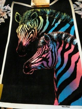 1973 Vintage Blacklight Poster Animals Pair " Zebras " Very Rare Pinup