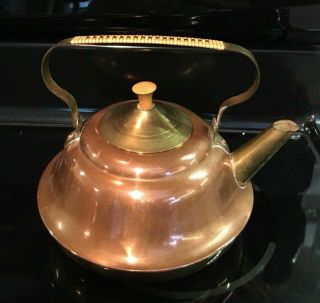 Vintage Copper And Brass Tea Kettle Rattan Handle Made In Holland Rare
