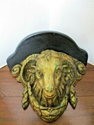 Vintage Wall Shelf Golden Ram Head Horns - - 7.  25 " X 10 X 4.  75 " - - Unusual & Rare
