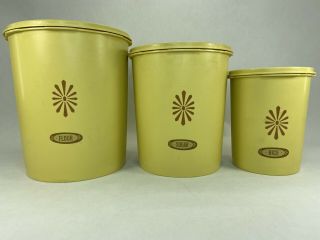 Tupperware Harvest Gold Rare Vintage Set Of 3 Flour,  Sugar Tea Canisters W/ Lids