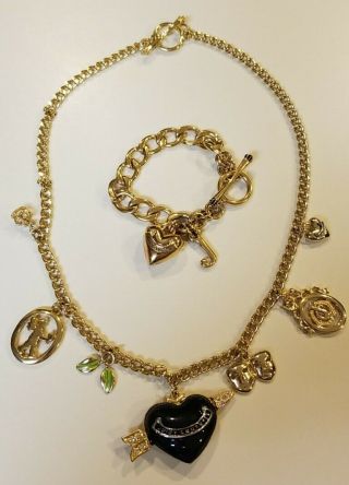 Juicy Couture Long Chain Necklace With 7 Charms & Banner Heart Bracelet Euc❤rare