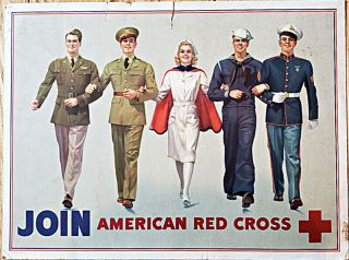 Rare Wwii Era Red Cross Nurse With 4 Servicemen Join Membership Cardboard Poster