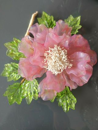 Vintage Mid Century Pink Clear Art Glass Flower Sculpture 10 " Rare