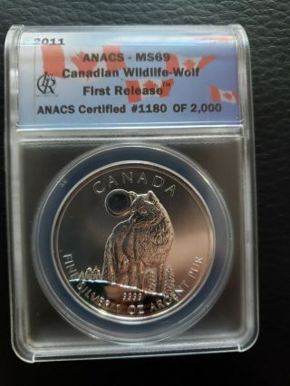 2011 Canadian 1 Oz Silver $5.  00 Wolf Rare Ms 69 First Release