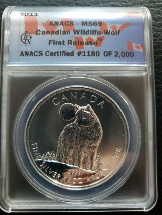 2011 CANADIAN 1 OZ SILVER $5.  00 WOLF RARE MS 69 First Release 2