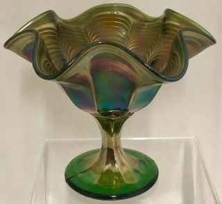 Vintage Northwood Green Carnival Glass Signed Peacock Tails Ruffled Compote Rare