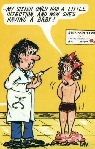Rude Risque Comic Doctor Giving Half Naked Cranky Girl Injection Postcard