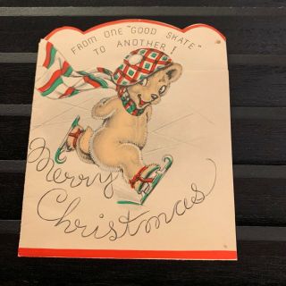 Vintage Greeting Card Christmas Bear Ice Skating Hat
