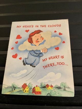 Vintage Greeting Card Valentine Boy Girl Cloud Couple Homes