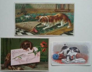 3 Cute Dogs1880s Antique Chromo Victorian Christmas/new Year Cards Lge 13x7cms