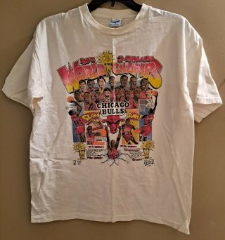 Vintage 1993 Chicago Bulls 3 Time Nba World Champs Caricature Comic T - Shirt Xl